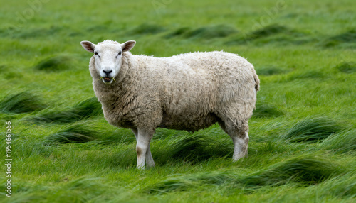 Standing single white woolly sheep chewing in lush green pasture, showing flattened grass tufts