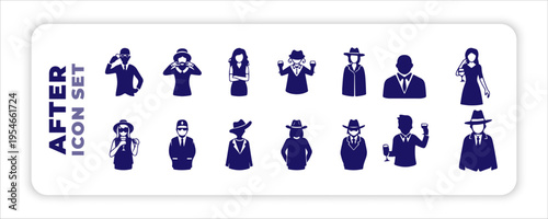 Collection of After Hours Business and Social Icon Set diverse blue stick figure icons representing various human activities and states, including walking, 
reading, working, and family or stick figur