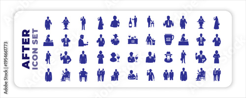 Collection of After Hours Business and Social Icon Set diverse blue stick figure icons representing various human activities and states, including walking, 
reading, working, and family or stick figur