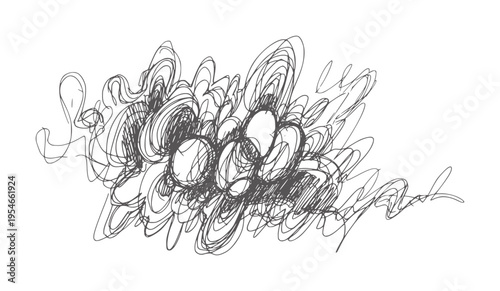 Chaotic dark grey scribbles forming an abstract cluster white