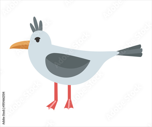Seagull is cute, standing in profile. Minimalistic bird suitable for coastal themes, children's projects, educational materials and playful design. Vector illustration.