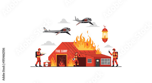 Firefighters battling blazing fire camp with planes overhead