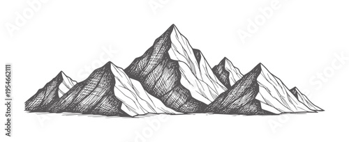 Hand drawn of a mountain range with sharp peaks and textured slopes