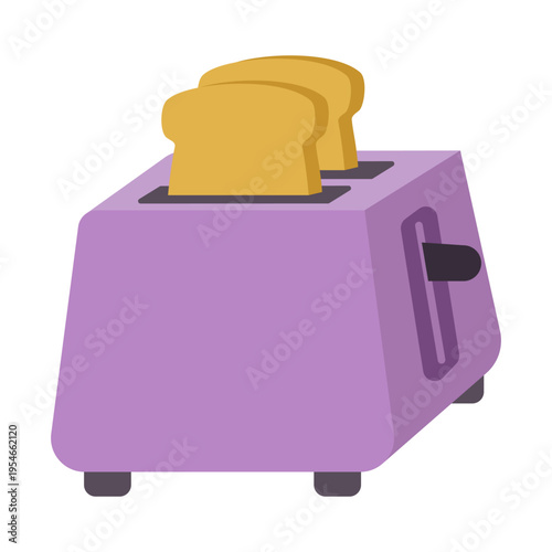 Purple toaster with slices of bread . Kitchen appliance, suitable for user interface, infographics, branding and home design projects. Vector illustration.