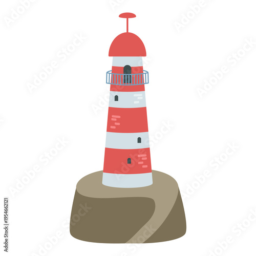 Lighthouse is red and white in color, it stands on a rocky base. It is a landmark symbolizing navigation and travel safety. Vector illustration.