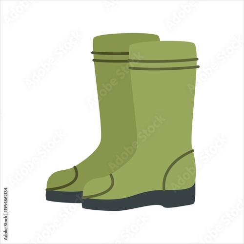 Green rubber boots. Waterproof shoes associated with rain, gardening, fishing, outdoor activities and rural lifestyle. Vector illustration.