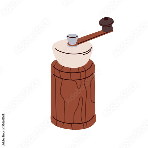 Pepper mill grinder. Kitchen tool, manual peppermill. Wooden kitchenware, utensil for spice, condiment and coffee grind. Cookware item. Flat vector illustration isolated on white background