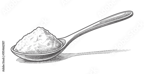 Hand drawn of a spoon filled with granular white powder ingredient