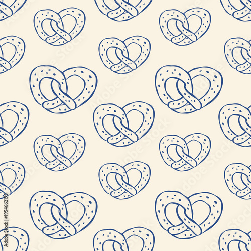 Handdrawn Pretzel Pattern. Vector Illustration with Heart Shape. Ideal for backgrounds, textiles, and food related design projects, offering a delightful culinary motif.