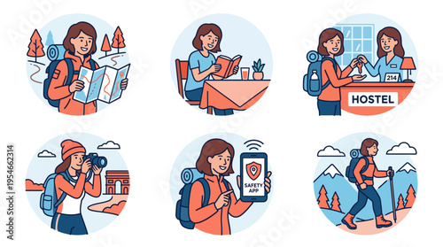 Solo female traveler backpacking adventure and safety concept illustrations set
