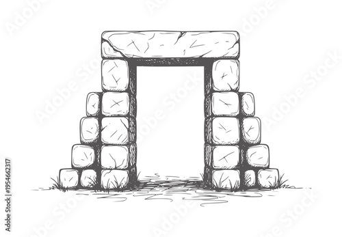Hand drawn stone archway with rough texture and grassy ground entrance ancient