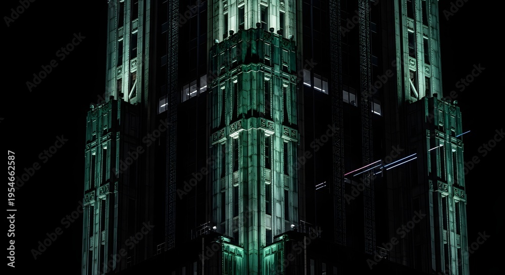 Fototapeta premium Art Deco Skyscraper at Night, Illuminated Facade