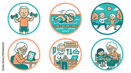 Senior citizen active lifestyle and healthy aging hobby icons