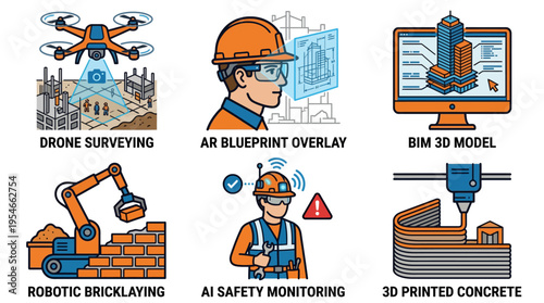 Innovative modern construction technology concepts with robotics and digital tools
