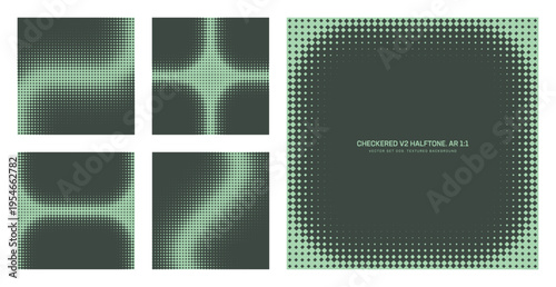 Vector checkered halftone pattern set in square 1:1 format with rounded grid, gradient density and frame layouts. Geometric abstract backgrounds for UI, branding, posters and modern design systems