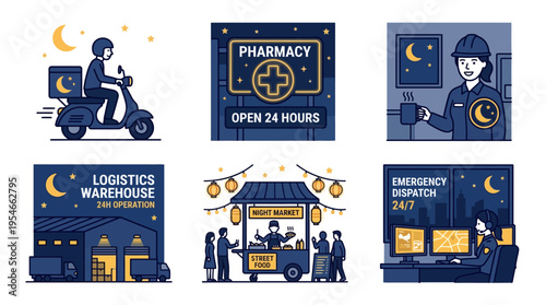 Set of 24/7 night shift services and economy vector illustrations