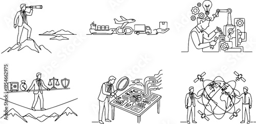 Continuous line vector set of business concepts including vision, logistics and risk management