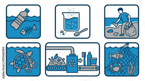 Ocean Plastic Pollution and Recycling Marine Life Icon Set