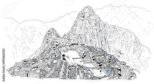 Machu Picchu Inca Citadel, Peru - Line Art Drawing with Mountain Backdrop