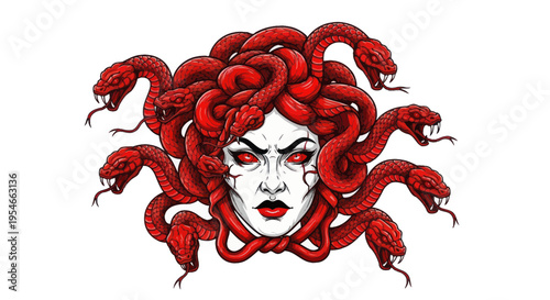 Medusa Greek Mythology Monster with Snake Hair and Glowing Red Eyes