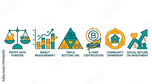 Social entrepreneurship icons for ethical business and impact measurement concepts