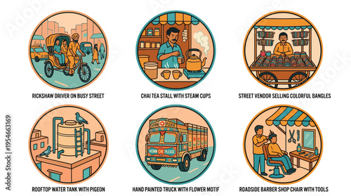 Indian Street Life Cultural Icons in Vintage Badge Style Vector