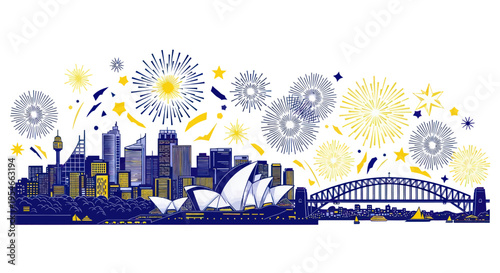 Sydney Skyline with Opera House, Harbour Bridge, and Fireworks Illustration