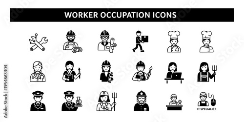 A set of black and white minimalist line art icons representing various professional occupations and worker roles like doctor, chef, and engineer.