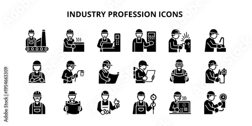 A professional set of graphic industry profession icons representing manufacturing and engineering jobs in a modern vector style