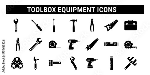 Minimalist and Informative Vector Icons Collection of Essential Toolbox Equipment for Construction Maintenance and DIY Home Improvement Projects on White Background