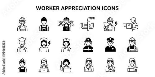 Minimalist flat icon set for worker appreciation and diverse professions in a versatile professional style