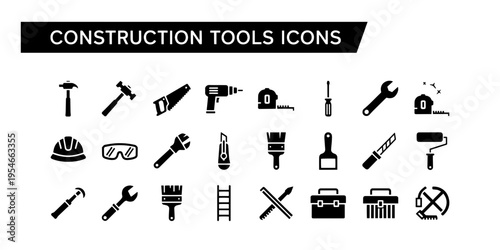 A comprehensive collection of construction tool icons in a minimalist and professional style for various design projects