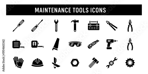 A practical and minimalist set of flat graphic icons representing maintenance tools for home improvement construction and repair projects