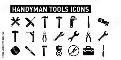 Minimalist Informative Handyman Tools Icons Set Vector Collection Black Silhouettes for Home Repair DIY Projects and Construction Industry