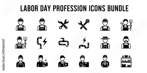 A Professional Minimalist Icon Collection Illustrating Diverse Worker Occupations and Industrial Tools for Labor Day Projects