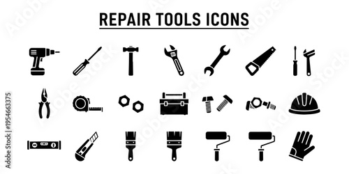Minimalist functional collection of repair tools icons set for construction industry and home improvement projects