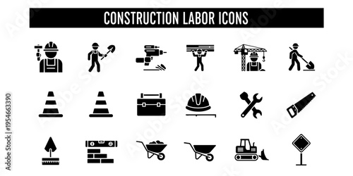 A comprehensive professional minimalist construction labor icons set featuring black silhouette pictograms representing workers tools equipment and safety items.