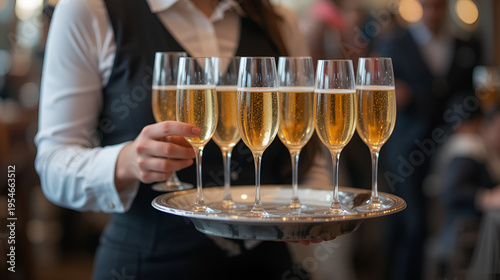 Waitress holding a dish of champagne and wine glasses at festive event