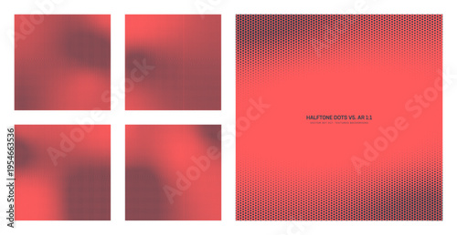 Vector halftone dots pattern set in square 1:1 format with gradient density, offset layouts and soft fade transitions. Abstract dotted textures for backgrounds, posters, covers, UI and modern design