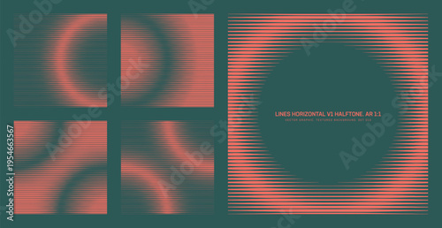 Vector horizontal striped halftone pattern set in square 1:1 format with gradient density, circular distortion and frame layouts. Abstract line textures for backgrounds, posters, UI, digital design
