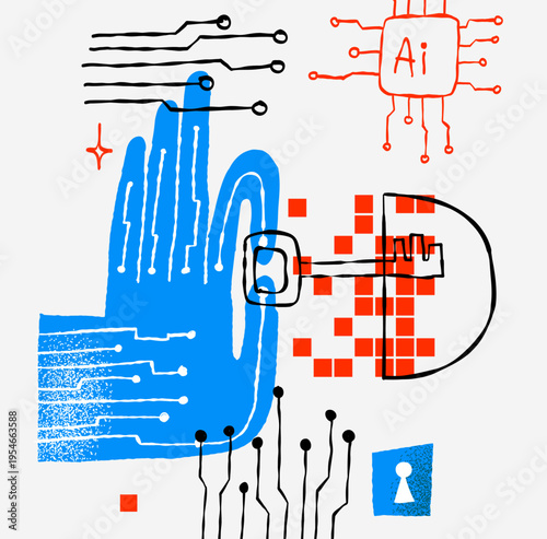 Artificial Intelligence Technology Icons Set With Robotic Hands Data Processing And Cyber Security