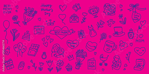 Mother’s Day Theme doodle illustration set, hand drawn decoration icon. Happy Mothers Day celebration with decorative floral elements