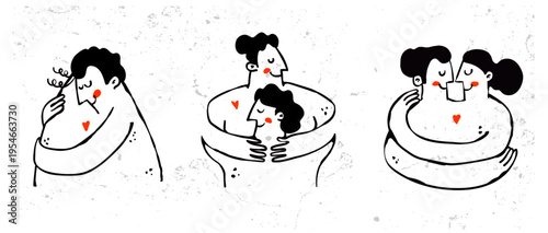 Set Of Hugging Couples Men And Women Embracing Love And Care Concept