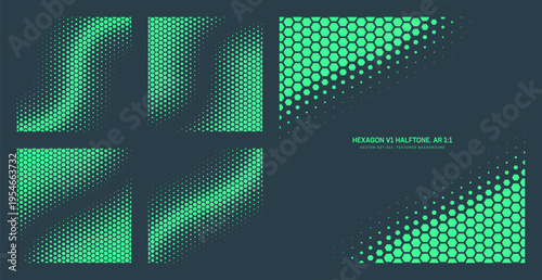 Vector hexagon halftone pattern set in square 1:1 format with gradient density, diagonal layouts and framed compositions. Abstract geometric textures for backgrounds, UI, tech, digital design