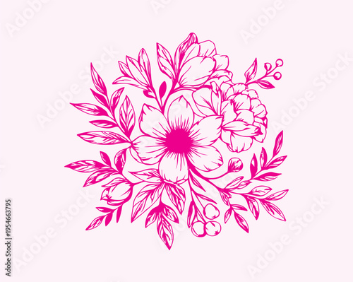 Hand Drawn Floral Bouquet Line Art Pink Flower Arrangement Vector Illustration