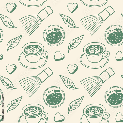 Tea-themed pattern with cups, matcha whisk, leaves, and hearts. Minimalist sketch style on soft background. Ideal for cafes, tea brands, or wellness designs