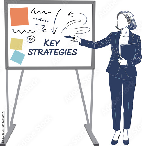 Professional female executive presenting key business strategies on a whiteboard during a corporate planning session.