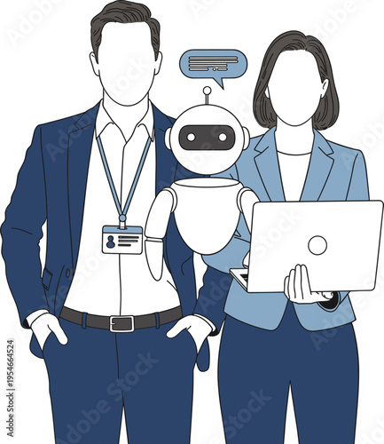 Professional Business Team Collaborating With Artificial Intelligence Robot Using Laptop In Modern Office Environment Illustration