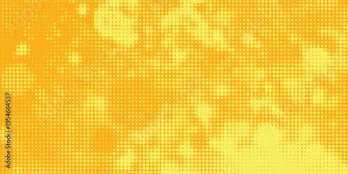 Yellow halftone pattern. Retro comic gradient background. Bright orange pixelated dotted texture overlay. Cartoon pop art faded gradient pattern. Vector backdrop for poster  banner  advertisement
