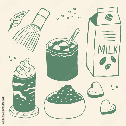 Green sketch shows milk, matcha, cream, and heartshaped cookies. No people shown. Illustration for recipes, cafes, or healthy eating themes. Artistic style ideal for food blogs or wellness content